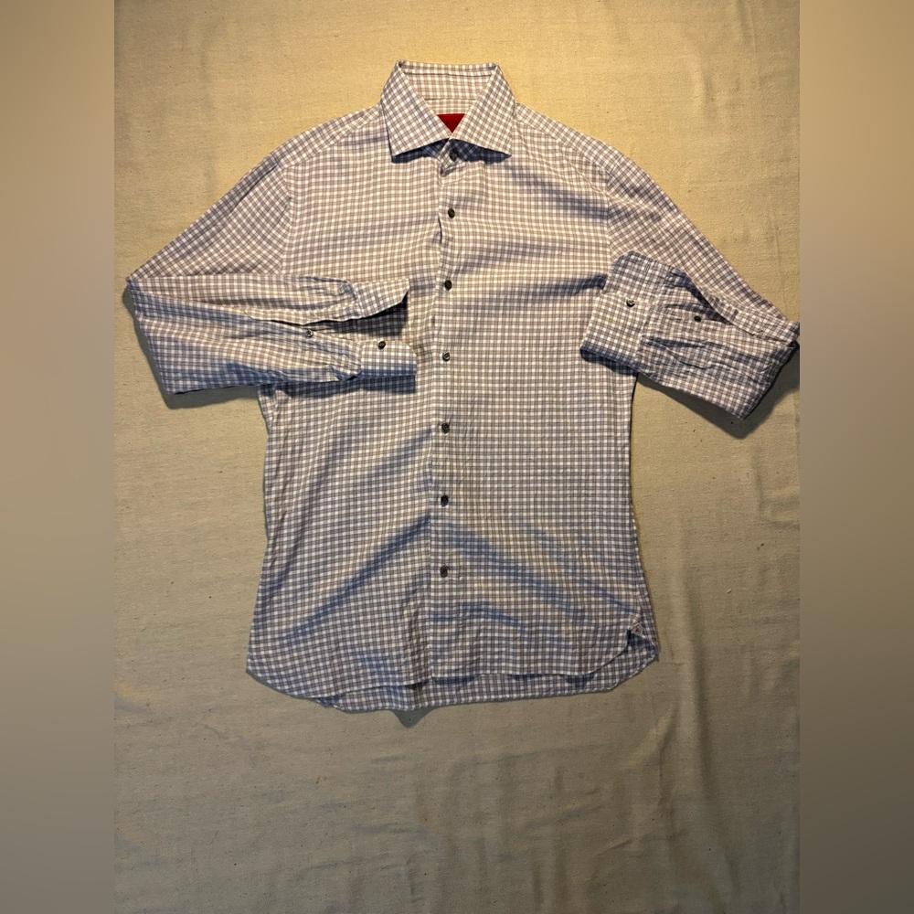ISAIA NAPOLI PURPLE GRAY CHECK PLAID BUTTON DOWN SHIRT 16 X 41 SLV NICE!